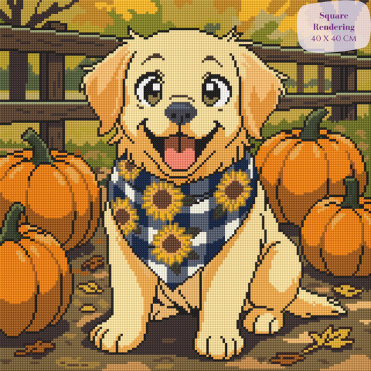 Pumpkin Patch Puppy Hand-Rendered Diamond Painting