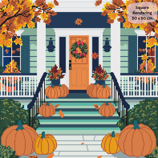 Pumpkin Porch Gathering Hand-Rendered Diamond Painting