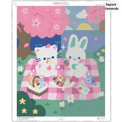 Sakura Strawberry Picnic: Hand-Rendered Diamond Painting