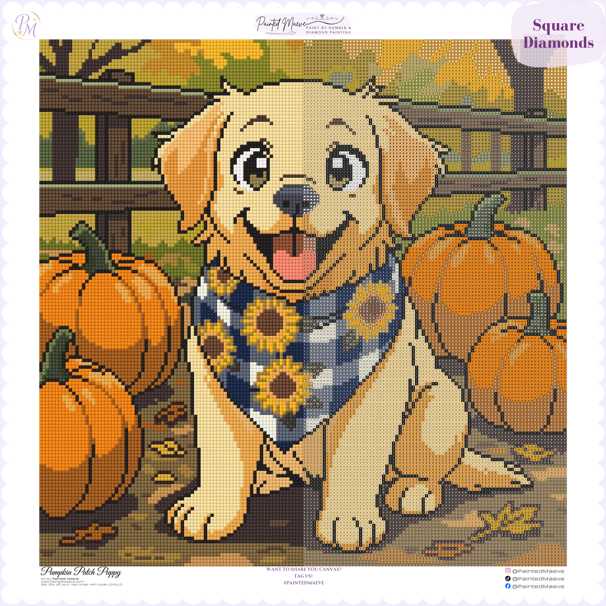 Pumpkin Patch Puppy Hand-Rendered Diamond Painting