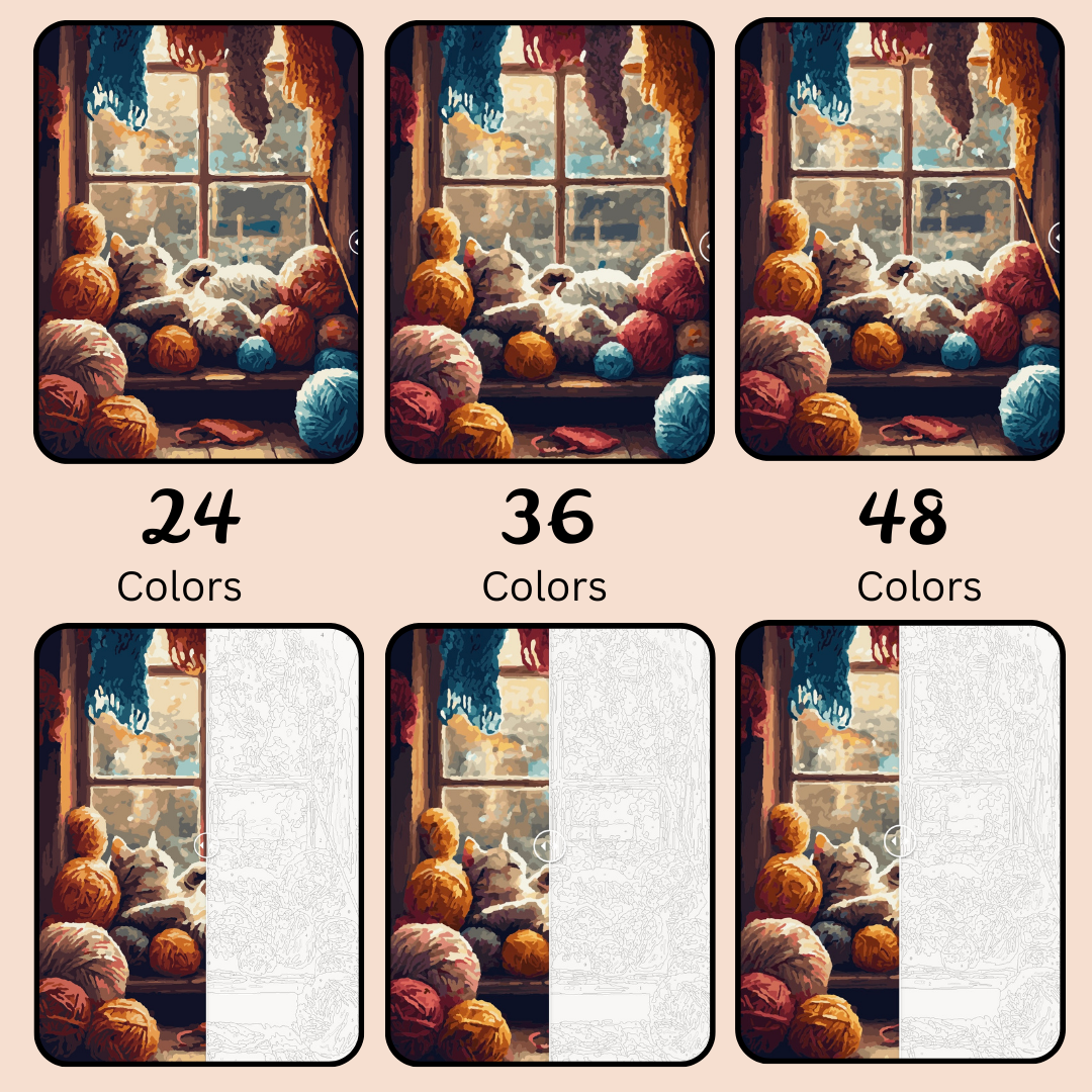 Cozy Whiskers & Warm Yarn: Paint-by-Number Collection (24/36/48 colors | No Frame)