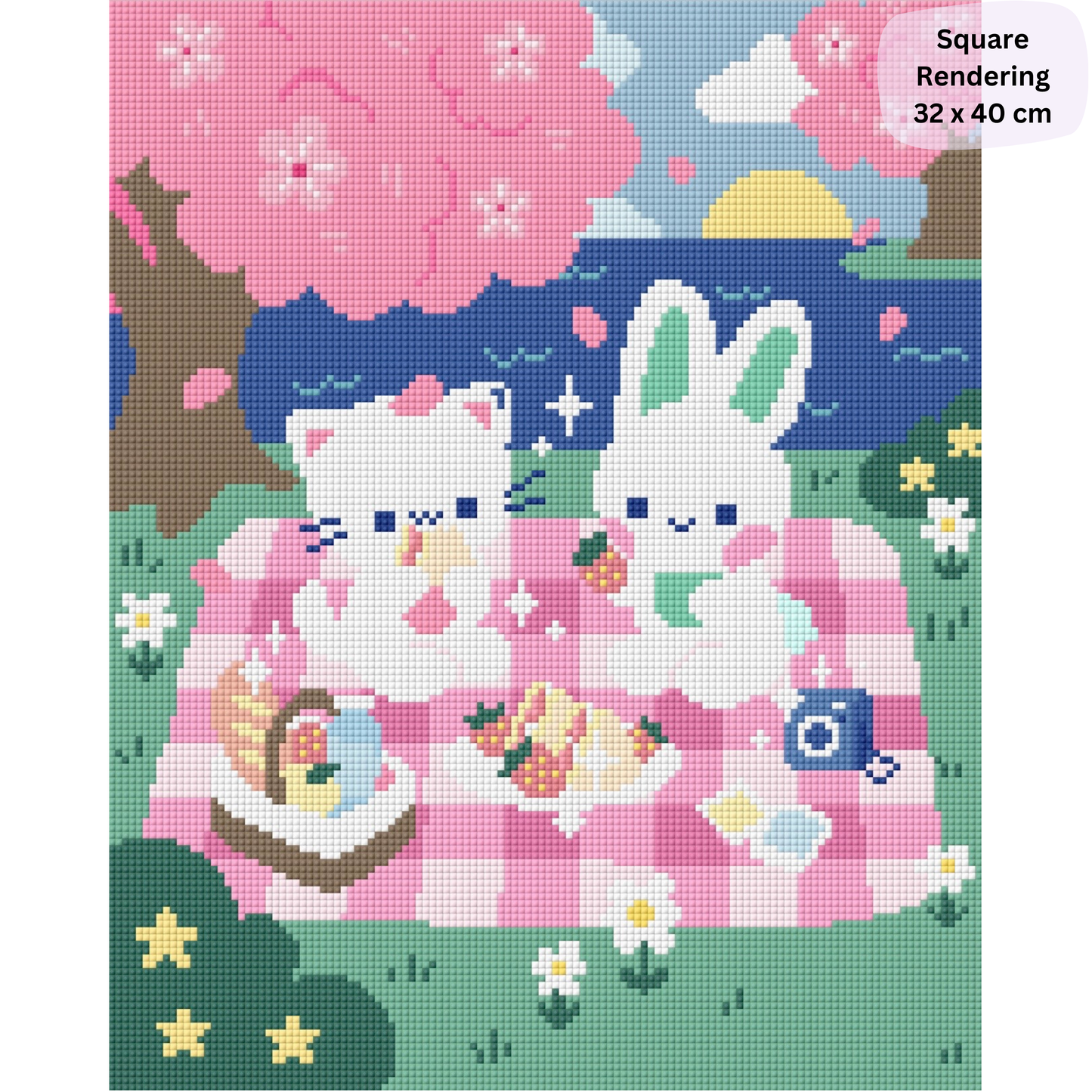 Sakura Strawberry Picnic: Hand-Rendered Diamond Painting